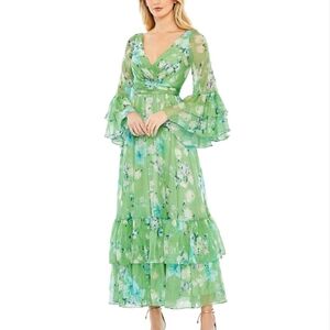 Mac Duggal Floral Print Chiffon Wrap Flounce Sleeve Dress